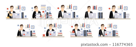 Man Office Clerk and Employee at Desk with Laptop Vector Set 116774365