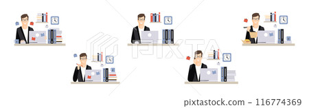 Man Office Clerk and Employee at Desk with Laptop Vector Set 116774369
