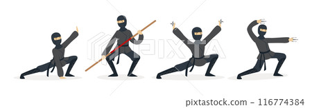 Man Ninja Character with Face Cover and Weapon Vector Set Man Ninja Character with Face Cover and Weapon Vector Set 116774384
