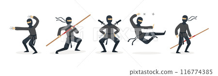 Man Ninja Character with Face Cover and Weapon Vector Set 116774385