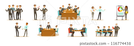 Man and Woman Business Leader and Employee at Meeting Vector Set Man and Woman Business Leader and Employee at Meeting Vector Set 116774438