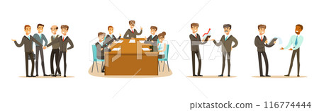 Man and Woman Business Leader and Employee at Meeting and Negotiation Vector Set Man and Woman Business Leader and Employee at Meeting and Negotiation Vector Set 116774444