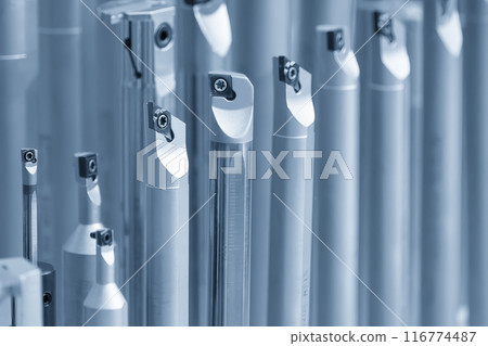 Close up scene the group special purpose tool for CNC lath machine. Close up scene the group special purpose tool for CNC lath machine. 116774487
