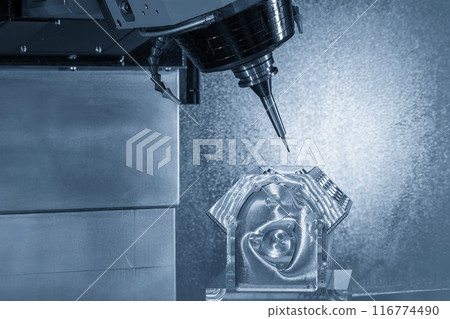 The 5-axis machining center cutting the V8 engine cylinder block with solid ball end mill tool. The 5-axis machining center cutting the V8 engine cylinder block with solid ball end mill tool. 116774490