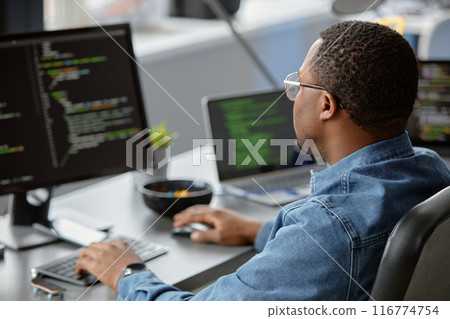 Back view of male African American IT engineer focused on writing code looking at computer screen on blurred background, copy space 116774754