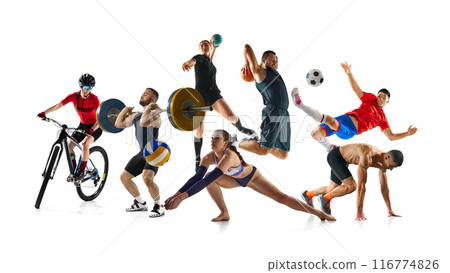 Energetic collage. Athletes in various dynamic poses, highlighting their strength, agility, and energy against white studio background. Energetic collage. Athletes in various dynamic poses, highlighting their strength, agility, and energy against white studio background. 116774826