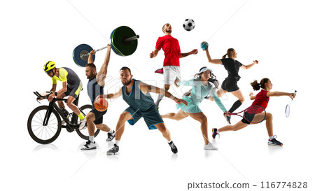 Energetic collage. Athletes in various activities. Each sportsmen shown in motion against white studio background. 116774828