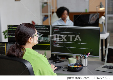 Rear view of female brunette senior IT specialist coding database script on multiple screens in software development office, copy space 116774829