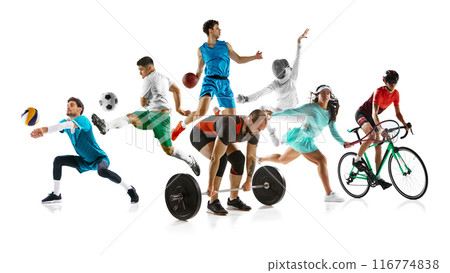 Dynamic collage. Athletes performing various sports volleyball, soccer, basketball, weightlifting, fencing, tennis, and cycling against white studio background. 116774838