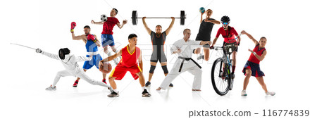 Dynamic collage. Athletes engaged in various sports fencing, boxing, soccer, weightlifting, basketball, karate, cycling, and tennis against white studio background. Dynamic collage. Athletes engaged in various sports fencing, boxing, soccer, weightlifting, basketball, karate, cycling, and tennis against white studio background. 116774839