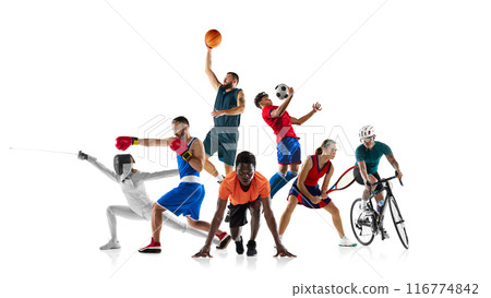 Dynamic collage. Athletes in various sports fencing, boxing, basketball, soccer, track, tennis, and cycling against white studio background. 116774842