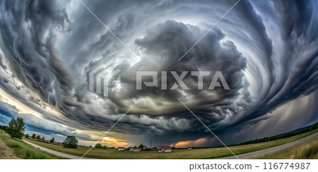 storm clouds dark gray sky fisheye lens 116774987