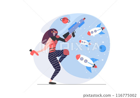Virtual reality concept in modern flat design for web. Woman in VR headset and controller paying shooter game with cyber gun and spaceships in augmented interactive simulation. Vector illustration. Virtual reality concept in modern flat design for web. Woman in VR headset and controller paying shooter game with cyber gun and spaceships in augmented interactive simulation. Vector illustration. 116775002