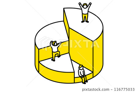 Business goal image, pie chart and people rising up simple line drawing illustration, isometric 116775033