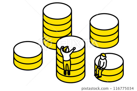 Business goal image, simple line drawing illustration of coins and people, isometric 116775034