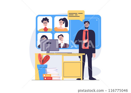 Video conference concept in modern flat design for web. Man briefing colleagues and connecting by zoom call, brainstorming and collaborating online, working in team remotely. Vector illustration. 116775046