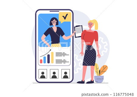 Video conference concept in modern flat design for web. Women connecting online via zoom call from mobile app, speaking and discussing work, manager briefing employee remotely. Vector illustration. 116775048