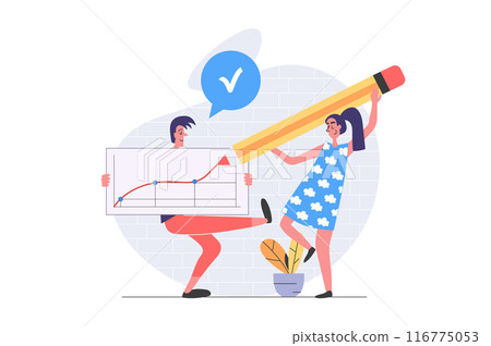 Teamwork concept in modern flat design for web. Man and woman cooperating, communicating and doing project task together, working with data graph and making chart analysis. Vector illustration. 116775053