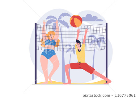 Summertime concept in modern flat design for web. Man and woman playing beach volleyball, relaxing at seaside resort or tropical beach at ocean shores in holiday recreation. Vector illustration. Summertime concept in modern flat design for web. Man and woman playing beach volleyball, relaxing at seaside resort or tropical beach at ocean shores in holiday recreation. Vector illustration. 116775061