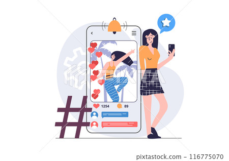 Social network concept in modern flat design for web. Woman posting her new photo in online blog, getting new follower subscriptions, heart reactions and audience comments. Vector illustration. 116775070