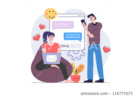 Social network concept in modern flat design for web. Woman and man sending messages in dating app, chatting with friends and using emoji and hearts, sharing information online. Vector illustration. 116775075