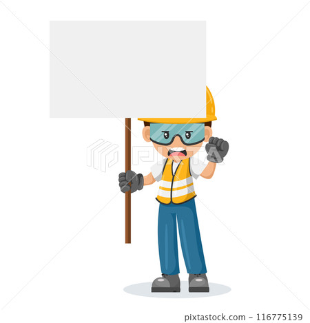 Upset industrial worker in his personal protective equipment holding protest sign with space for text. Industrial safety and occupational health at work Upset industrial worker in his personal protective equipment holding protest sign with space for text. Industrial safety and occupational health at work 116775139