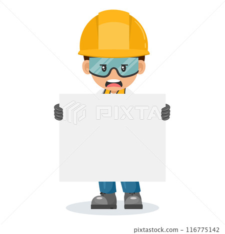 Upset industrial worker in his personal protective equipment holding banner with space for text for advertising, presentations, brochures. Industrial safety and occupational health at work 116775142