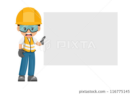 Upset industrial worker in his personal protective equipment holding placard or banner with space for text for advertising, presentations, brochures. Industrial safety and occupational health at work 116775145