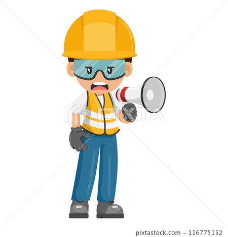 Annoyed industrial construction worker making an announcement with a megaphone. Construction supervisor engineer with personal protective equipment. Industrial safety and occupational health at work 116775152