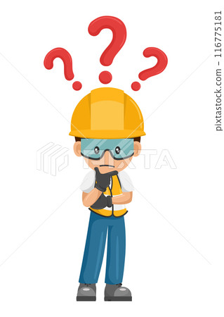 Industrial construction worker pensive and expressing doubt with question sign for FAQ concept. Industrial safety and occupational health at work Industrial construction worker pensive and expressing doubt with question sign for FAQ concept. Industrial safety and occupational health at work 116775181