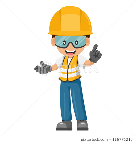 Industrial worker with his personal protective equipment pointing his finger. Expressing an idea and indicating with the index finger. Industrial safety and occupational health at work Industrial worker with his personal protective equipment pointing his finger. Expressing an idea and indicating with the index finger. Industrial safety and occupational health at work 116775213