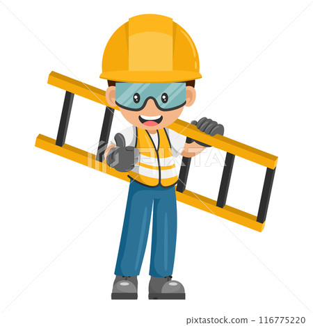 Industrial worker carrying a ladder with thumb up. Supervisor with personal protective equipment. Industrial safety and occupational health at work 116775220