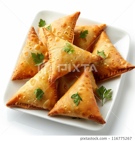 Crispy Fried Samosas on White Plate 116775267