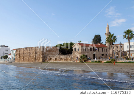 Larnaca Castle and the Minaret of the Djami Kebir Mosque alongside the mediterranean sea 116775323