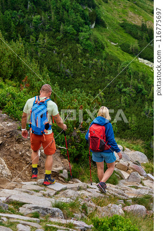 Two hikers with backpacks and trekking poles descending rocky mountain trail 116775697