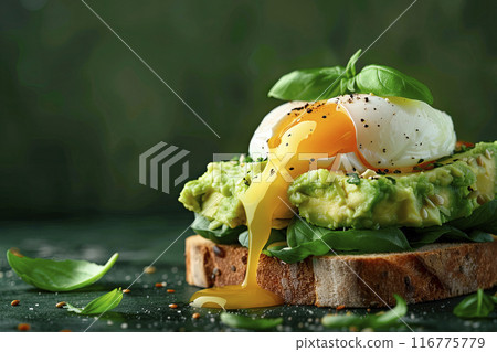 Avocado sandwich with boiled poached egg and basil leaves. Dark green background. Ai generative 116775779