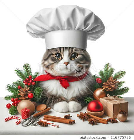 Cat wearing a chef's hat and red scarf, surrounded by festive Christmas decorations, pine branches, and holiday spices.By Generative AI. 116775786