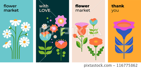 Modern Flowers illustrations. Geometric, flat style design, folk motif, bright and colorful flowers Modern Flowers illustrations. Geometric, flat style design, folk motif, bright and colorful flowers 116775862