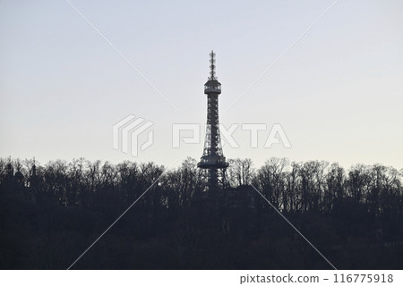 Petrin lookout steel framework tower built in 1891, resembling small Eiffel Tower, on Petrin hill in Prague, Czech Republic Petrin lookout steel framework tower built in 1891, resembling small Eiffel Tower, on Petrin hill in Prague, Czech Republic 116775918