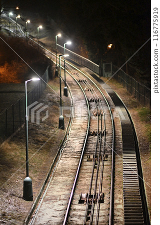 Railway tracks of Petrin funicular linking the Mala Strana district with the top of Petrin hill in Prague, Czech Republic Railway tracks of Petrin funicular linking the Mala Strana district with the top of Petrin hill in Prague, Czech Republic 116775919
