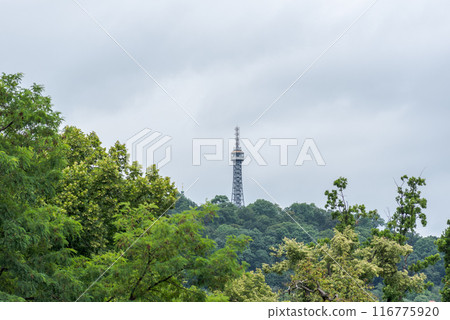Petrin lookout steel framework tower built in 1891, resembling small Eiffel Tower, on Petrin hill in Prague, Czech Republic Petrin lookout steel framework tower built in 1891, resembling small Eiffel Tower, on Petrin hill in Prague, Czech Republic 116775920