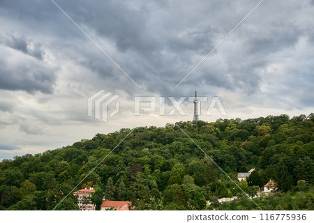 Petrin lookout steel framework tower built in 1891, resembling small Eiffel Tower, on Petrin hill in Prague, Czech Republic Petrin lookout steel framework tower built in 1891, resembling small Eiffel Tower, on Petrin hill in Prague, Czech Republic 116775936