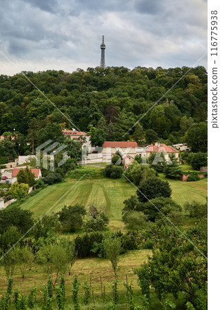Petrin lookout steel framework tower built in 1891, resembling small Eiffel Tower, on Petrin hill in Prague, capital of Czech Republic Petrin lookout steel framework tower built in 1891, resembling small Eiffel Tower, on Petrin hill in Prague, capital of Czech Republic 116775938