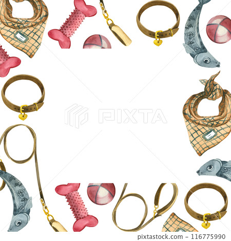 Square frame. Pet accessories, rubber bones, balls, dog collars and leashes, dog headscarves. All objects are hand-painted with watercolors. For printing on paper, fabric. 116775990
