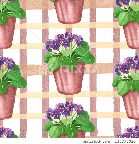 Watercolor seamless pattern. Indoor flowers, violet in a brown pot on a square white background. All objects are hand-painted with watercolors. Suitable for printing on fabric, paper, for design. 116776026