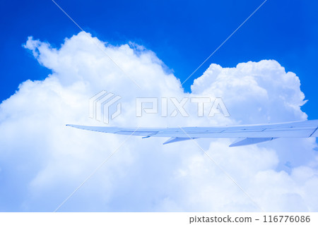 Blue sky and airplane wing seen from an airplane window 116776086