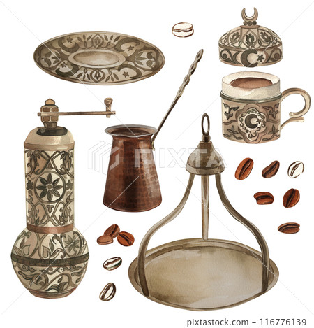 Coffee grinder, coffee beans, cup, jezve, saucer, dishes for coffee drinks in oriental style. The illustration is made in watercolor on a white background. For coffee shop, dishes, packaging, menus. Coffee grinder, coffee beans, cup, jezve, saucer, dishes for coffee drinks in oriental style. The illustration is made in watercolor on a white background. For coffee shop, dishes, packaging, menus. 116776139