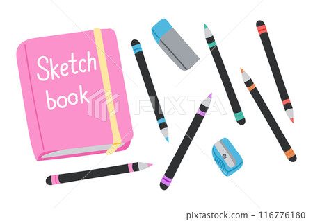 Sketchbook with colored pencils, eraser. Art set 116776180