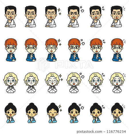 Illustration of various facial expressions of people from different countries. 116776234