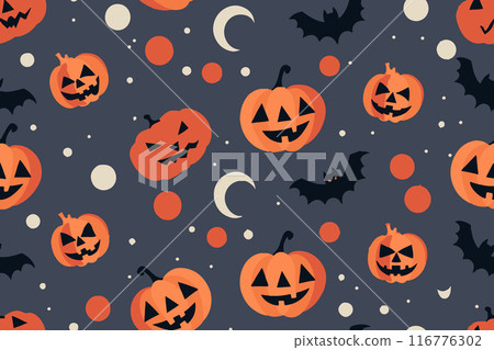 Halloween pumpkin Jack seamless pattern. Holiday party wrapping paper scary character design. Halloween creepy spooky card template vector illustration Halloween pumpkin Jack seamless pattern. Holiday party wrapping paper scary character design. Halloween creepy spooky card template vector illustration 116776302